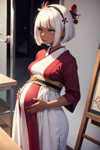 anime,pregnant,small tits,18 age,pouting lips face,white hair,bobcut hair style,dark skin,painting,hospital,side view,t-pose,geisha