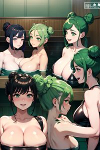 anime,chubby,small tits,20s age,laughing face,green hair,hair bun hair style,dark skin,charcoal,sauna,side view,massage,latex