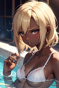 anime,skinny,small tits,20s age,angry face,blonde,pixie hair style,dark skin,warm anime,bar,close-up view,bathing,lingerie