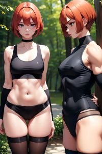 anime,muscular,small tits,30s age,pouting lips face,ginger,bobcut hair style,dark skin,black and white,forest,side view,plank,stockings