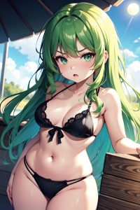 anime,chubby,small tits,40s age,angry face,green hair,messy hair style,light skin,dark fantasy,moon,close-up view,gaming,bikini