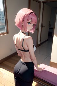 anime,skinny,small tits,18 age,serious face,pink hair,bobcut hair style,light skin,warm anime,hospital,back view,plank,teacher