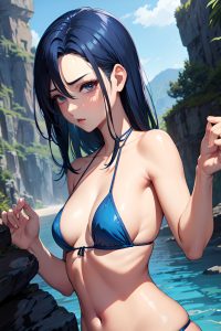 anime,busty,small tits,30s age,sad face,blue hair,slicked hair style,dark skin,skin detail (beta),cave,side view,on back,bikini