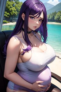 anime,pregnant,huge boobs,50s age,angry face,purple hair,straight hair style,dark skin,soft anime,lake,side view,eating,latex