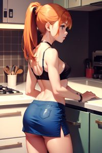 anime,skinny,small tits,80s age,sad face,ginger,ponytail hair style,light skin,film photo,kitchen,back view,gaming,mini skirt