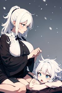 anime,chubby,small tits,70s age,shocked face,white hair,messy hair style,light skin,black and white,snow,side view,massage,goth