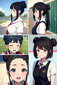 anime,chubby,small tits,18 age,happy face,black hair,hair bun hair style,light skin,warm anime,locker room,side view,plank,schoolgirl