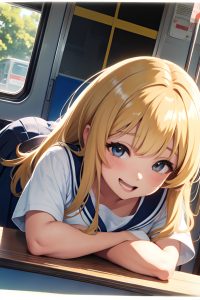 anime,chubby,small tits,70s age,laughing face,blonde,straight hair style,dark skin,watercolor,bus,close-up view,bending over,schoolgirl