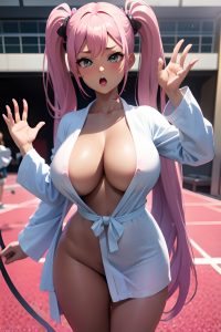 anime,skinny,huge boobs,60s age,shocked face,pink hair,pigtails hair style,dark skin,crisp anime,stage,front view,t-pose,bathrobe