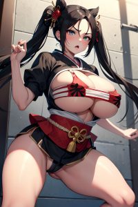anime,busty,huge boobs,30s age,angry face,black hair,pigtails hair style,light skin,comic,prison,front view,spreading legs,geisha