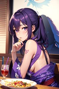 anime,skinny,small tits,18 age,shocked face,purple hair,messy hair style,dark skin,watercolor,restaurant,side view,eating,kimono