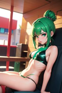 anime,busty,small tits,20s age,pouting lips face,green hair,hair bun hair style,light skin,3d,strip club,side view,straddling,latex