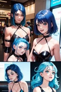 anime,muscular,small tits,50s age,laughing face,blue hair,slicked hair style,light skin,skin detail (beta),mall,side view,gaming,latex