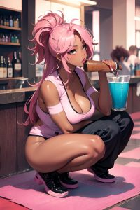 anime,skinny,huge boobs,80s age,pouting lips face,pink hair,messy hair style,dark skin,dark fantasy,bar,front view,squatting,nurse