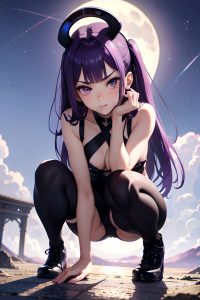 anime,skinny,small tits,30s age,pouting lips face,purple hair,bangs hair style,light skin,black and white,moon,front view,squatting,goth