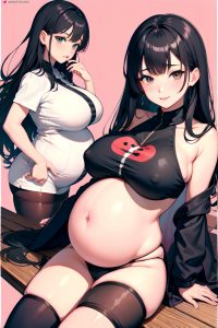 anime,pregnant,huge boobs,18 age,happy face,black hair,bangs hair style,dark skin,watercolor,oasis,back view,plank,stockings