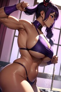 anime,muscular,huge boobs,80s age,happy face,purple hair,pigtails hair style,dark skin,warm anime,shower,side view,cooking,geisha