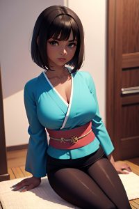 anime,busty,small tits,60s age,serious face,brunette,bobcut hair style,dark skin,3d,office,close-up view,yoga,kimono