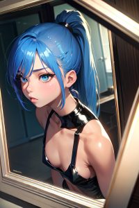 anime,skinny,small tits,18 age,pouting lips face,blue hair,ponytail hair style,dark skin,mirror selfie,street,side view,sleeping,latex