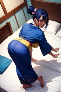 anime,pregnant,small tits,20s age,ahegao face,blue hair,hair bun hair style,dark skin,film photo,bedroom,back view,bending over,kimono