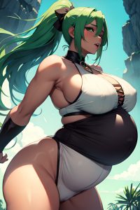 anime,pregnant,huge boobs,30s age,orgasm face,green hair,ponytail hair style,dark skin,dark fantasy,club,side view,jumping,goth