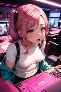 anime,chubby,small tits,30s age,orgasm face,pink hair,slicked hair style,dark skin,cyberpunk,club,front view,gaming,schoolgirl