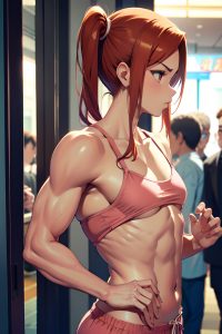 anime,muscular,small tits,50s age,serious face,ginger,pigtails hair style,dark skin,soft + warm,mall,side view,on back,pajamas