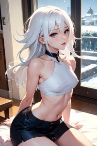 anime,skinny,small tits,40s age,orgasm face,white hair,messy hair style,light skin,comic,snow,side view,straddling,mini skirt