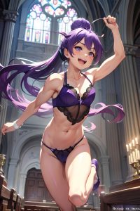 anime,muscular,small tits,18 age,laughing face,purple hair,hair bun hair style,light skin,painting,church,front view,jumping,lingerie