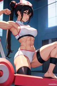 anime,muscular,small tits,80s age,seductive face,black hair,hair bun hair style,light skin,illustration,gym,front view,working out,nurse