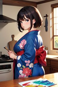 anime,chubby,small tits,60s age,serious face,brunette,pixie hair style,light skin,painting,kitchen,back view,on back,kimono