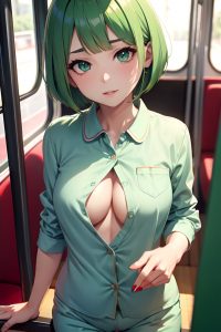 anime,busty,small tits,40s age,seductive face,green hair,bobcut hair style,light skin,dark fantasy,bus,close-up view,plank,pajamas