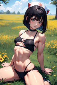anime,muscular,small tits,20s age,serious face,black hair,bobcut hair style,light skin,dark fantasy,meadow,close-up view,straddling,nurse