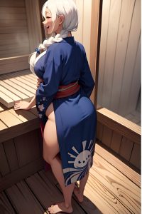 anime,pregnant,small tits,70s age,laughing face,white hair,braided hair style,dark skin,painting,sauna,back view,on back,kimono