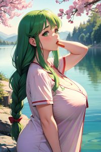 anime,chubby,huge boobs,80s age,shocked face,green hair,braided hair style,light skin,watercolor,lake,side view,eating,pajamas