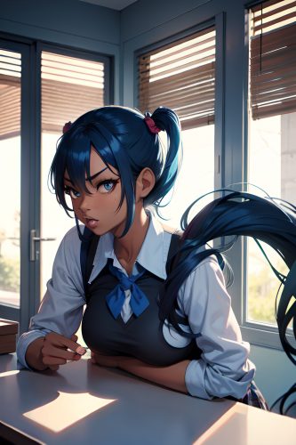 anime,skinny,huge boobs,50s age,angry face,blue hair,pigtails hair style,dark skin,charcoal,oasis,back view,spreading legs,schoolgirl