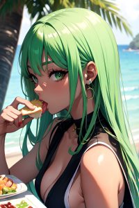 anime,skinny,small tits,60s age,ahegao face,green hair,straight hair style,dark skin,watercolor,yacht,side view,eating,goth