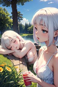 anime,busty,small tits,50s age,shocked face,white hair,bangs hair style,light skin,vintage,meadow,side view,sleeping,lingerie