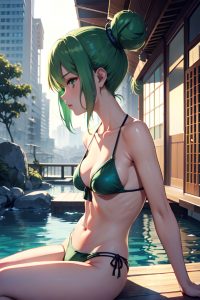 anime,skinny,small tits,30s age,sad face,green hair,hair bun hair style,light skin,cyberpunk,onsen,side view,yoga,bikini