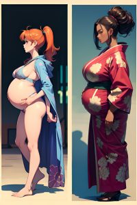 anime,pregnant,small tits,80s age,serious face,ginger,slicked hair style,dark skin,cyberpunk,party,side view,plank,kimono