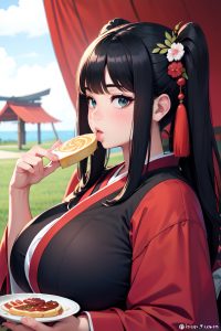 anime,chubby,huge boobs,20s age,pouting lips face,black hair,bangs hair style,dark skin,soft anime,tent,side view,eating,kimono