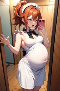 anime,pregnant,small tits,20s age,angry face,ginger,messy hair style,light skin,mirror selfie,sauna,side view,t-pose,maid