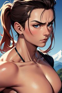 anime,muscular,small tits,50s age,serious face,ginger,slicked hair style,dark skin,charcoal,mountains,close-up view,working out,teacher