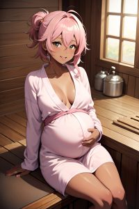 anime,pregnant,small tits,20s age,happy face,pink hair,messy hair style,dark skin,soft anime,sauna,close-up view,plank,bathrobe