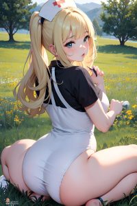 anime,chubby,small tits,60s age,pouting lips face,blonde,bangs hair style,light skin,black and white,meadow,back view,spreading legs,nurse