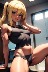 anime,muscular,small tits,70s age,happy face,blonde,bangs hair style,dark skin,3d,prison,front view,spreading legs,mini skirt
