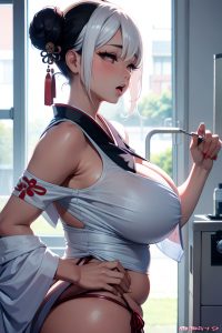 anime,chubby,huge boobs,40s age,ahegao face,white hair,hair bun hair style,dark skin,vintage,hospital,back view,cumshot,geisha