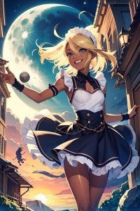 anime,skinny,small tits,20s age,laughing face,blonde,pixie hair style,dark skin,illustration,moon,side view,on back,maid