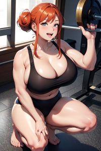 anime,chubby,huge boobs,18 age,laughing face,ginger,hair bun hair style,dark skin,comic,gym,close-up view,squatting,bra