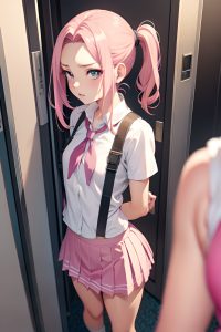 anime,skinny,small tits,20s age,shocked face,pink hair,slicked hair style,light skin,illustration,locker room,close-up view,gaming,schoolgirl